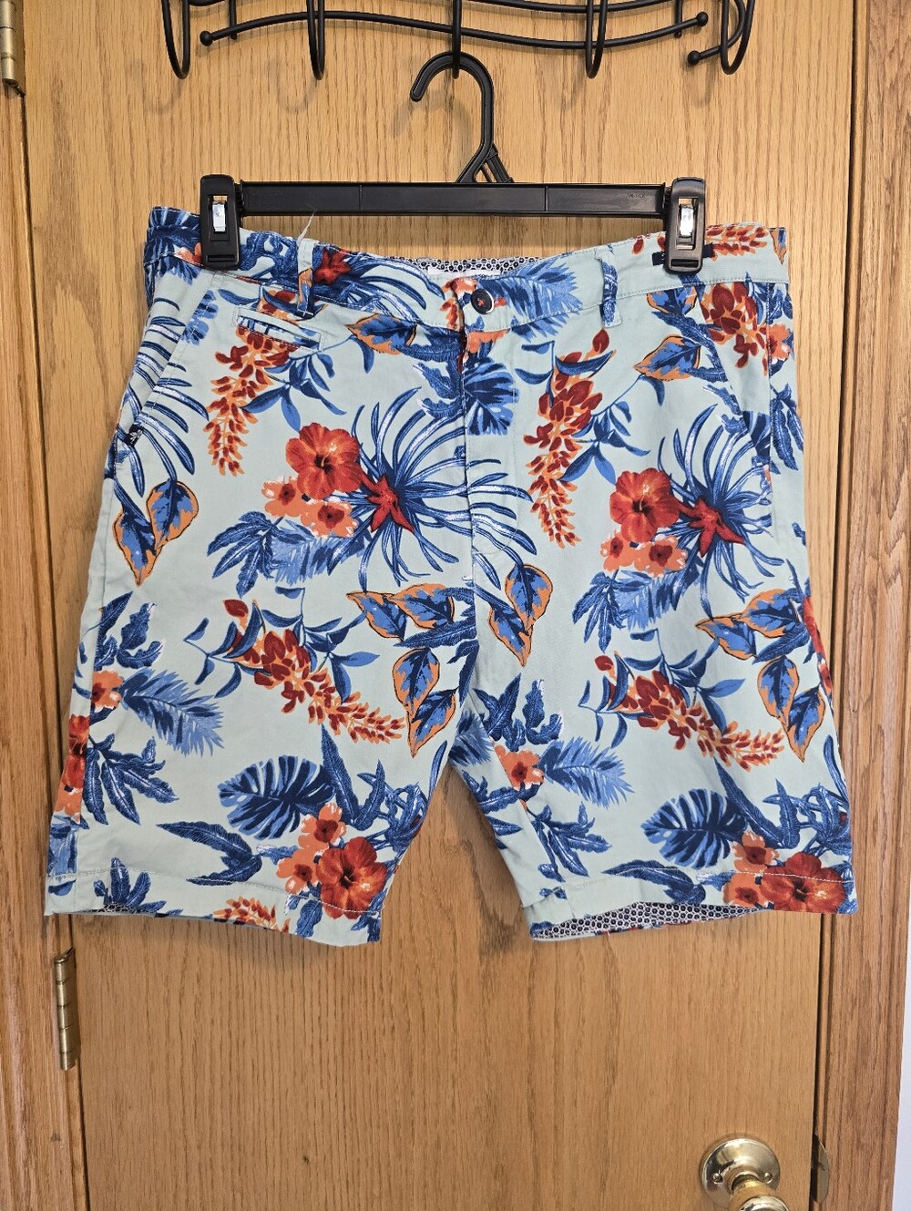 Cactus Man Tropical Floral  Shorts in Light Blue with Red & Navy Flowers
